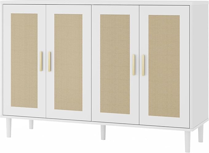 Sideboard - Buffet Cabinet with Storage, Rattan Storage Cabinet with 4 Doors and Adjustable Shelves, Accent Sideboard with Solid Wood Leg for Living Room (White)
