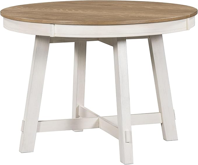 Farmhouse Style Expandable Round to Oval Dining Table with 16" Removable Leaf, Solid Wood Extendable Tabletop with Cross Trestle Legs, Space-Saving Kitchen-Tables for Home Apartment Restaurant