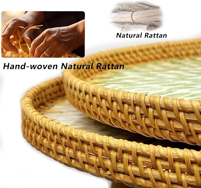 Rattan Round Side Table, Mother of Pearl Inlay Table,Round End/Side Tables for Living Room, Bedrooms, Pedestal Plant Stand for Balcony (Green)
