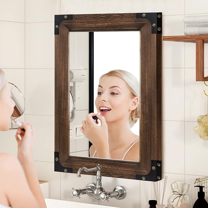 blue page Rustic Mirror Wood Mirror for Bathroom, Decorative Framed Wall Mirror, Farmhouse Natural Vanity Mirror, Wall Mounted Rectangular Mirror for Bedroom Living Room, Small 20x28 Inch