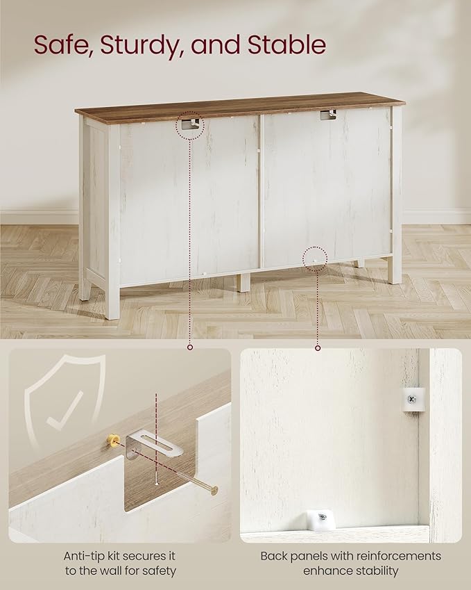 VASAGLE LIRY Collection - Buffet Cabinet, Coffee Bar Cabinet with 2 Drawers, Adjustable Shelves, Sideboard Storage with Cable Holes, Drawer Dividers, Rustic White and Honey Brown UBBK381W01