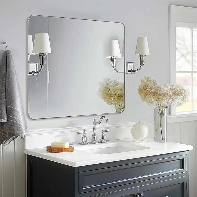 ANDY STAR Square Brushed Nickel Mirror for Bathroom, 24”x24” Silver Metal Frame Wall Mirror, Rounded Corner Stainless Steel Mirror Hangs Horizontal Or Vertical