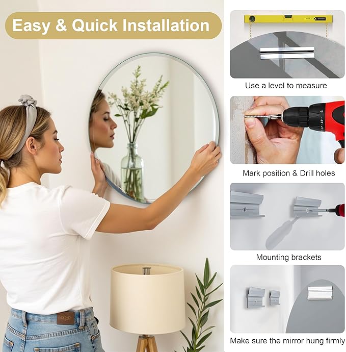 28" Frameless Beveled Round Mirror with 1" Edge for Bathroom, Entryways, Vanity, Wall Decor