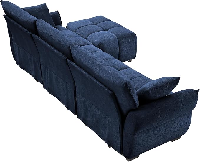 Modern Chenille Fabric 3-Seat Sofa w/Ottoman+2 Pillows, Premium Upholstery Living Room Couch with Tufted Backrest & Comfortable Armrests and High-Resilience Memory Foam Cushions,Blue