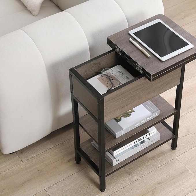 Modern End Table with Charging Station, Narrow Side Table with USB Ports & Outlets, Flip-Top Nightstand with Storage Shelf, Small Bedside Table for Living Room, Bedroom, Small Space, Charcoal Gray