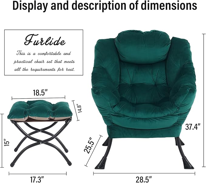 Oversized Chair with Ottoman, Modern Chair with Folding Footrest, Lounge Accent Chair, Comfortable Reading Chair for Bedroom, Study, Living Room, Courtyard (Velvet Dark Green