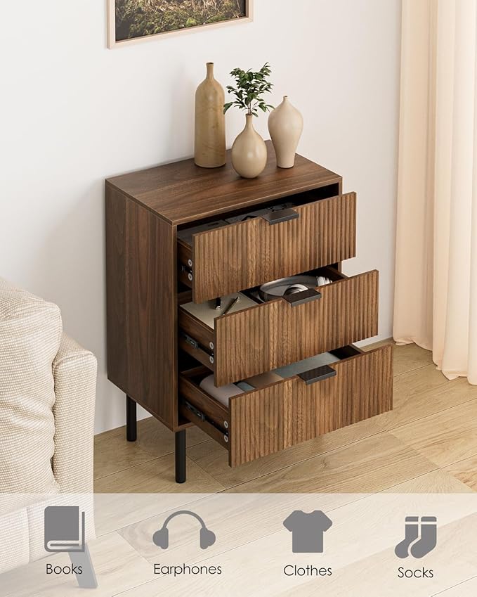 Night Stand,Tall Bedside Table with 3Storage Drawers,Walnut Nightstand,Bedside Furniture,Side Table with Gold Frame,End Table for Bedroom,Living Room