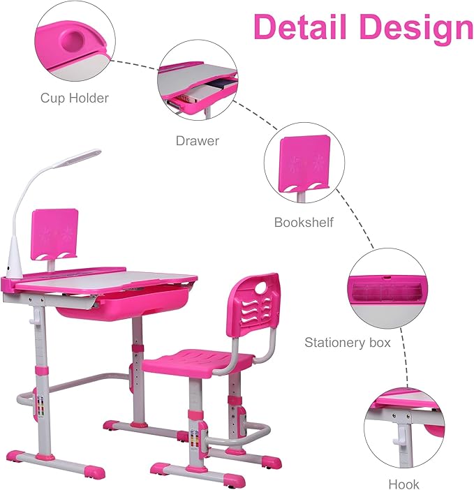 Kids Desk and Chair Set, Height Adjustable Child's School Study Writing Tables with Tilt Desktop, LED Light, Storage Drawer, Book Stand (Pink)