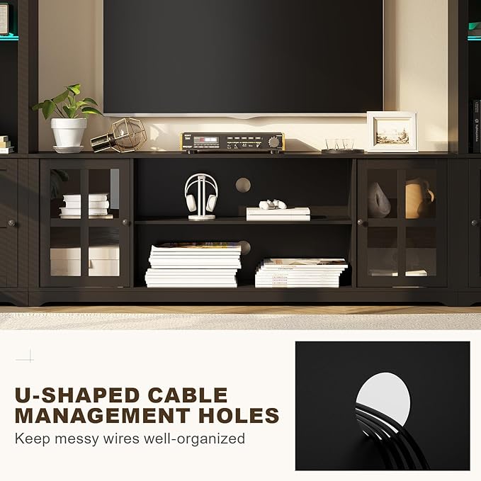 Wall Unit TV Stand with Storage & LED Lights, Large Entertainment Center with Bookshelves for TVs up to 75", Media Console for Living Room, Black
