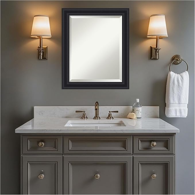Amanti Art Black Bathroom Mirror for Over Sink, 24x20 Dalat Black Rectangle Vanity Mirror, Small Traditional Frame, Hangs Horizonally and Vertically, Bathroom Wall Decor, Beveled Edge
