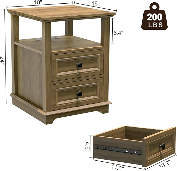 End Table with Fast USB C Charging Station, 18" Wide Sofa Side Table with 2 Drawers, Large Storage Rustic Wood Square Storage Cabinet for Living Room,Bedroom,Office, Light Brown