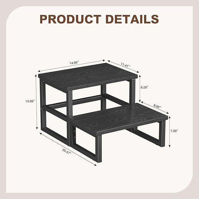 Homeiju 3 in 1 Step Stools for Adults Kids Toddler, Heavy Duty Wooden Step Stool with Non-Slip Pads, 2 Tire Step Stool for Kitchen Bathroom Bedroon Stepping Stool, Black