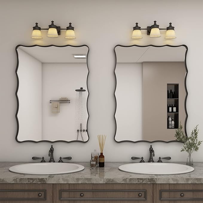 24x32 Black Bathroom Mirror for Wall, Rectangle Framed Mirror for Bathroom, Decorative Wall Mirror with Wavy Frame, Anti-Rust(Horizontal/Vertical)