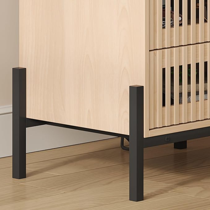 Vabches Nightstand with Charging Station and USB Ports,Industrial Style Fluted End Table, Bedside Table with 2 Drawers and Open Shelf, Sofa Side Table for Bedroom, Living Room, Set of 1