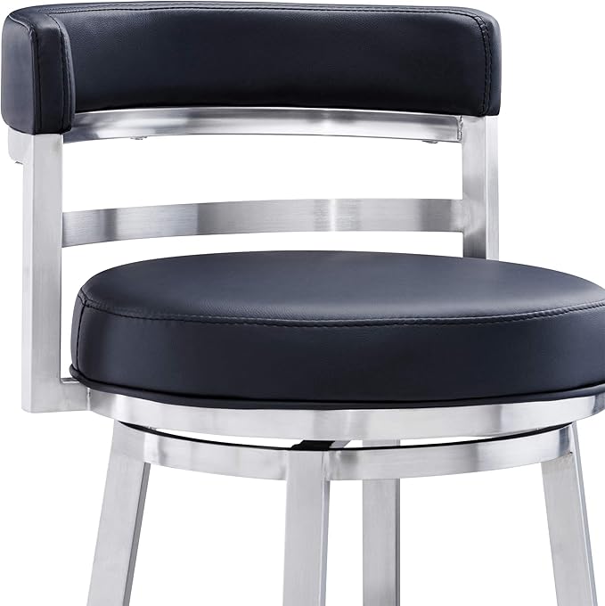 Armen Living Madrid 30" Seat Height Swivel Modern Black Faux Leather and Brushed Stainless Steel Bar Stool for Kitchen Island Counter