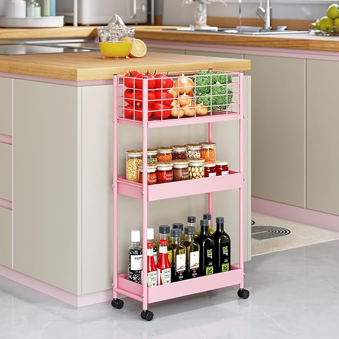 KINGRACK 3-Tier Rolling Utility Cart with Wheels, Metal Slim Storage Cart, Bathroom Multifunctional Storage Organizer, Mobile Shelving Unit for Kitchen, Office, Laundry Room, Narrow Place, Pink