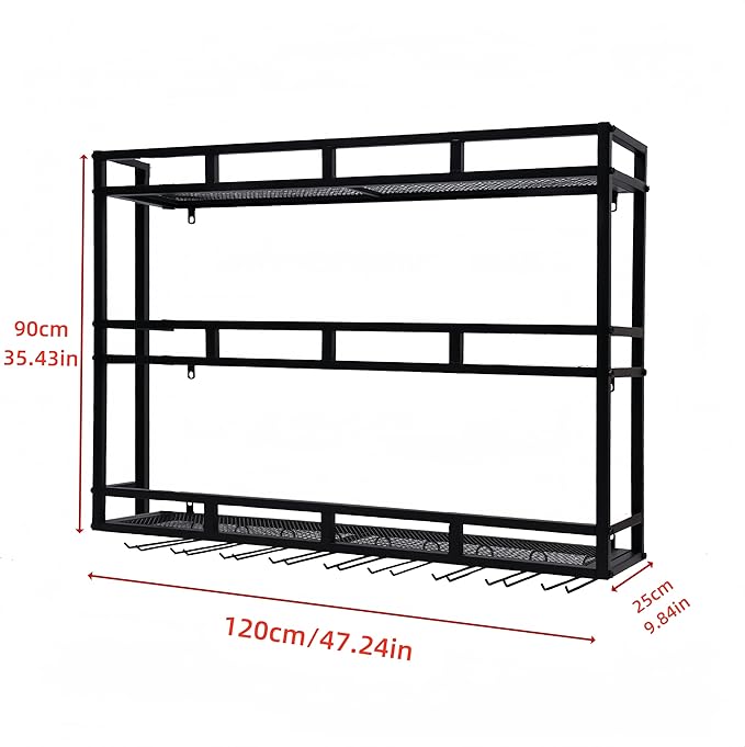 Metal Wine Rack Wall Mounted, Bar Shelves for Liquor Bottles with LED Light, 3 Tier Large Capacity Liquor Rack Wall Mounted with Glass Holder for Home Bar & Dining Room （Black, 47in/120cm）