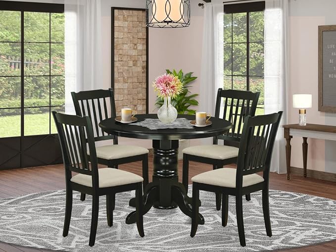 East West Furniture SHDA5-BLK-C 5 Piece Dinette Set for 4 Includes a Round Kitchen Table with Pedestal and 4 Linen Fabric Kitchen Dining Chairs, 42x42 Inch, Black
