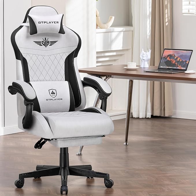 GTPLAYER Gaming Chair, Video Game Chairs with Footrest and Lumbar Support, Computer Chair for Adults with Extended Backrest, Ergonomic Reclining Silla Gamer, Fabric, Grey