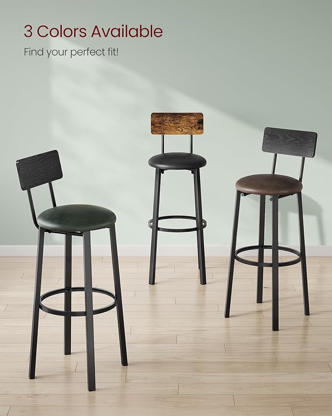 VASAGLE Bar Stools, Set of 2 PU Upholstered Breakfast Stools, 29.7-Inch Barstools with Back and Footrest, Simple Assembly, for Dining Room Kitchen Counter, Classic Black and Forest Green ULBC069C01