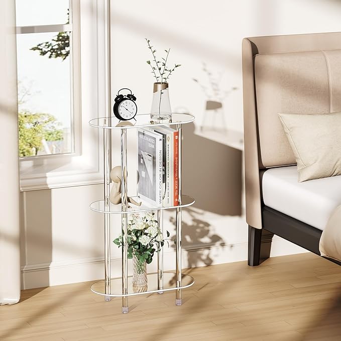 Clear Acrylic Narrow Side Table for Small Spaces, 15.75" L x 7.87" W x 26.7" H, 3 Tier Oval Slim End Table Nightstand, Small Minimalist Skinny Bedside Table for Bedroom, Bathroom, Living Room