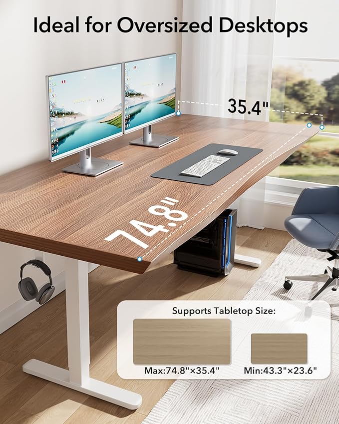 HUANUO Standing Desk Frame with 220lbs Powerful Brushless Motor, Thick T-Shaped Adjustable Desk Legs Made of Automotive-Grade Steel, for Max 75″ x 35″ Desktop, for Home Office, White Frame Only