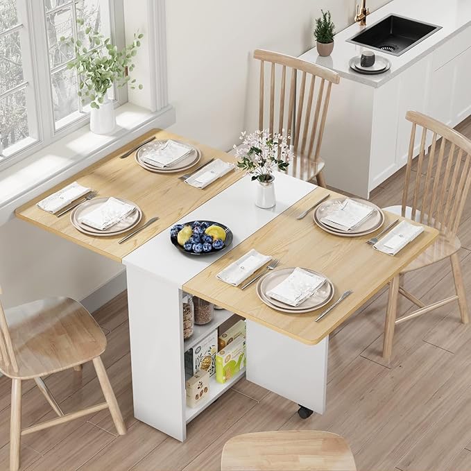 GarveeHome Folding Dining Table, Space Saving Farmhouse Dining Table for 4 Storage Shelf, 6 Wheels Multipose Expandable Kitchen Drop Leaf Table for Small Space (Pear Wood, 47.2"D x 23.6"W x 29.5"H)
