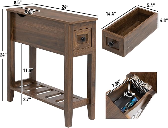 End Table with Movable Top and Charging Station, Narrow Side Table with Storage Cabinet and USB, Sofa Table for Living Room Bedroom