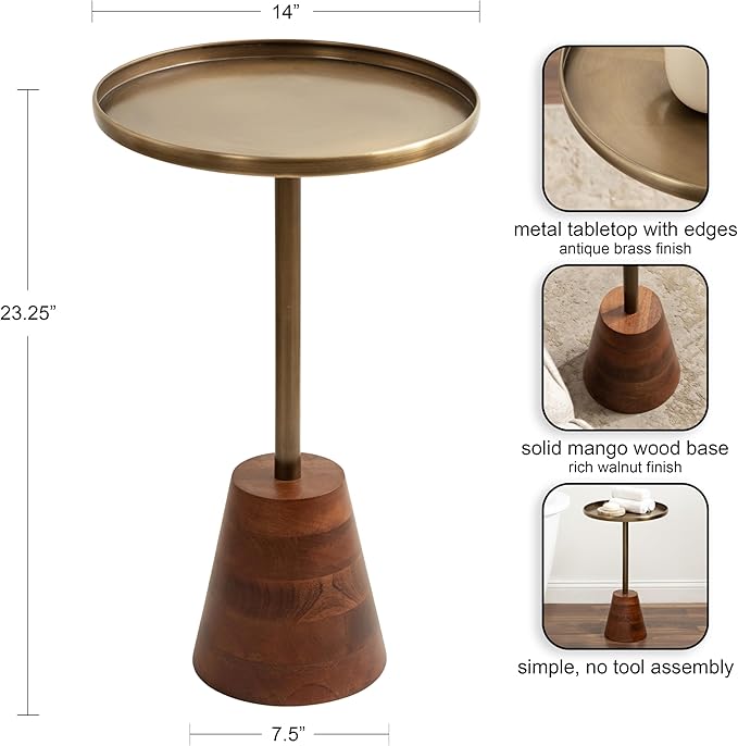 Kate and Laurel Tira Elegant Round Side Table, 14 x 24, Brass and Walnut Brown, Mid-Century Circle End Table for Use as Bedroom Nightstand or Living Room Table Option