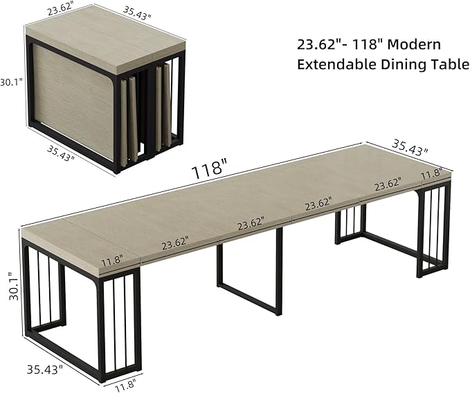 KEIKI 23.62" - 118" L Extendable Foldable Dining Room Table for 2-10 People, Wood Modern Rustic Rectangle Expandable Kitchen Living Meeting Room Furniture, 5 Tabletop Length Options