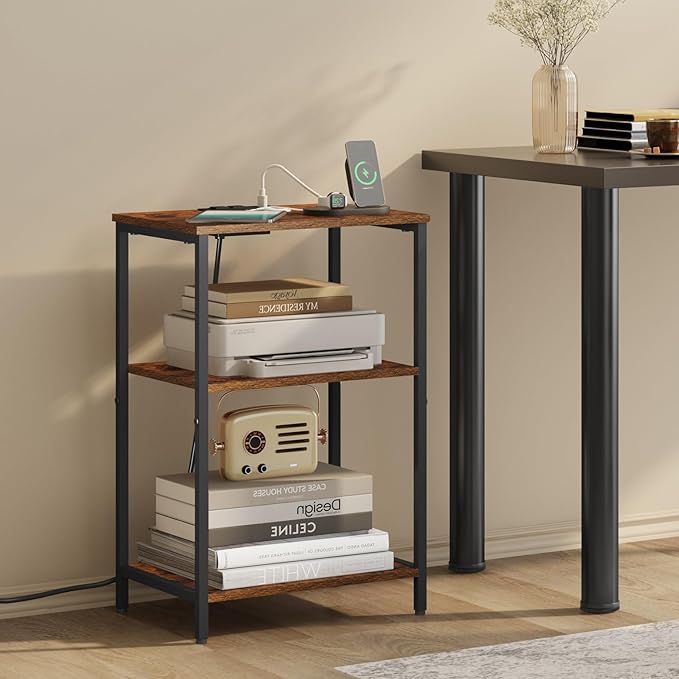X-cosrack Side Table with Charging Station, End Table with USB Ports and Outlets, Nightstand with Storage Shelves for Small Space, Sofa Couch Table Bedside Table for Living Room Bedroom