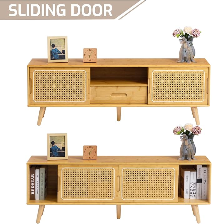 HollyHOME Bamboo TV Stand with Storage for TVs up to 65", Modern Entertainment Center with Rattan and Drawer, Accent TV Table with 2 Shelf, Media Console Cabinet for Living Room, Bedroom, Burlywood