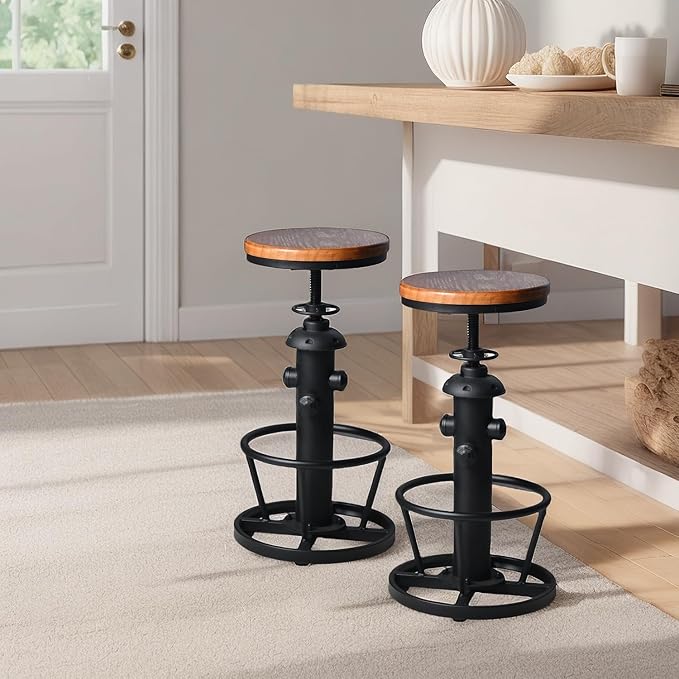 Industrial Bar Stools Kitchen Island Dining Chairs Swivel Wooden Seat Bar Counter Height Adjustable 25-31inch