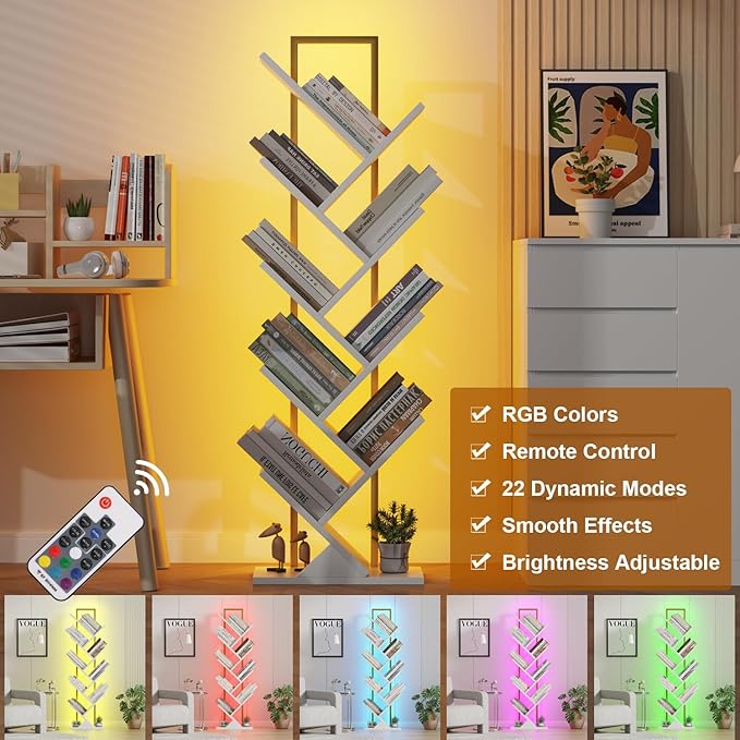 Tree Book Shelf with LED Lights, 9 Tier Floor Standing Bookcase, Classical Corner Shelf Kids Bookshelf, Tall Wood Book Storage for Bedroom, Living Room, Home Office, White