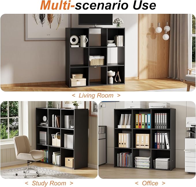 Sweetcrispy 9 Cube Storage Organizer - Open Cube Bookshelf with 5 Removable Back Panels, Display Storage Bookcase for Living Room, Bedroom, Entrance Hall, Home Office，36" L×11.6" W×36" H, Black
