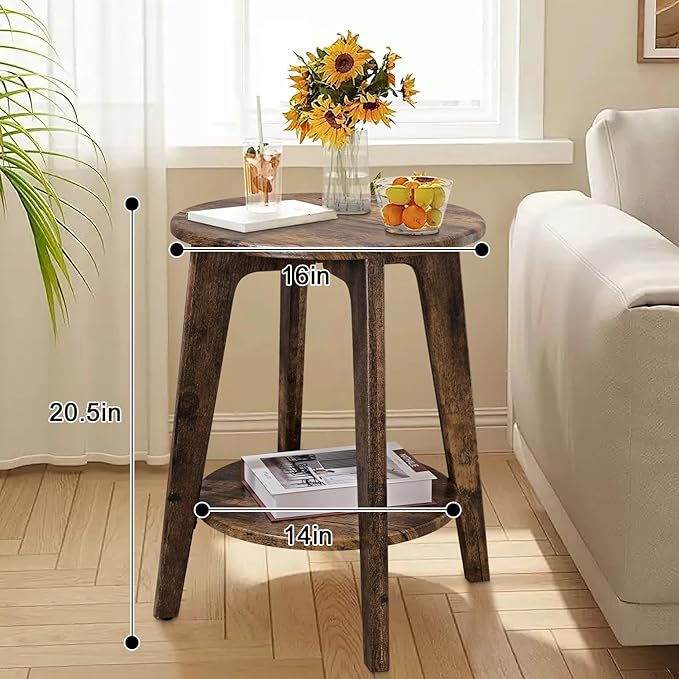 Small Round Side Table Wooden End Table with Lower Shelf Modern Nightstand Bedside Table for Small Spaces, Living Room, Bedroom Retro Brown