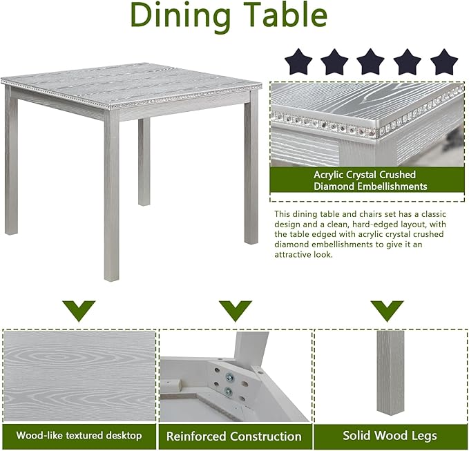 Ball & Cast 5 Piece Dining Table Set,Kitchen Table Set for 4 W/ 34.5" Square Wooden Dining Table,Living Room Furniture W/ 4 Upholstered Chairs,for Dining Room,Kitchen,Restaurant,Silver Gray