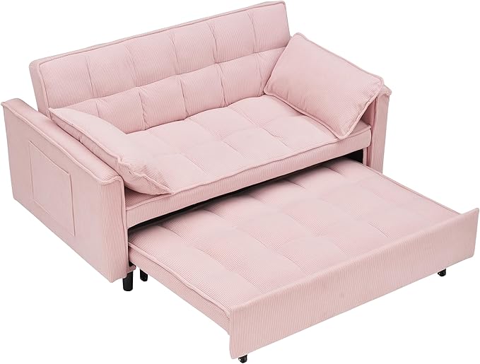 Ball & Cast Convertible Sofa Bed,Loveseat Sleeper Sofa W/Pull-Out Bed,Convertible Pull Out Couch W/2 Pillows,Adjustable Backrest&Side Pocket,Corduroy Futon Couches for Living Room,Apartment,Pink,54"