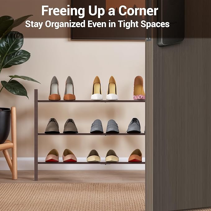 Haddockway Bamboo Shoe Rack for Closet, Free Standing Shoe Organizer with Smooth Round Rods & Convenient Handles, Stackable Shoe Storage Shelf for Entryway, Hallway(Brown, 3-Tier)