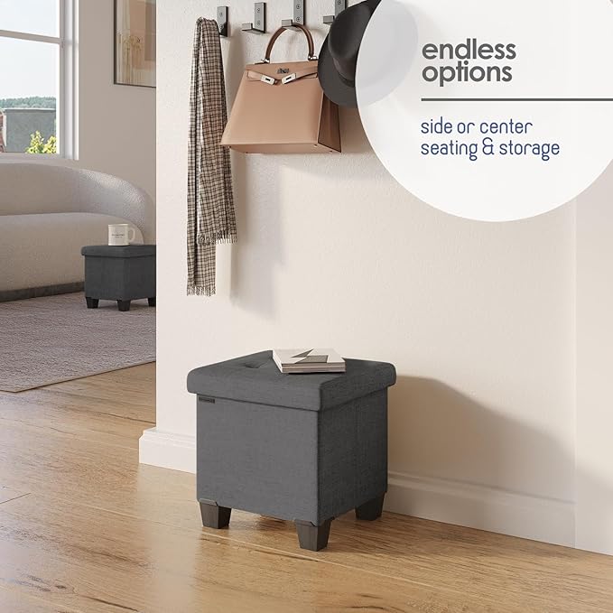 STORAGEBUD Storage Ottoman Cube with Small Bin, 16-in Square Ottoman with Storage for Living Room and Bedroom, Small Ottomans Foot Rest, Fabric Foot Stools Ottomans Max 330lbs, Grey