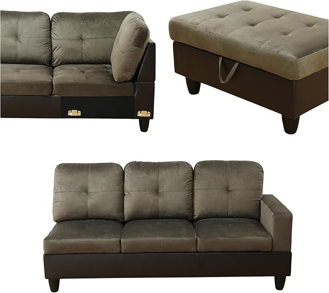 L Shaped Sectional Sofa with Ottoman, Color Blocking Flannel Leather Right Facing Modern Couches for Living Room, Bedroom, Office, Taupe