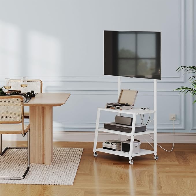 HOOBRO Rolling TV Stand with Mount and Power Outlet Up to 55 inch TV, Corner Entertainment Center, Small TV Stand with 3-Tier Storage Shelves for Living Room, Bedroom, White WW66UDS01