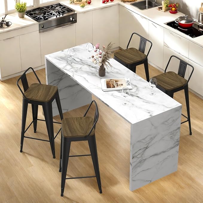 Black Bar Stools Set of 4, Metal Bar Stools with Wooden Seat, Modern 24”Counter Height Barstools with Low Back