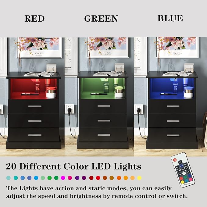 Black LED Nightstand with Charging Station, Side Table with 3 Drawers and Light, End Table with Open Storage, Beside Cabinet for Bedroom (Black)