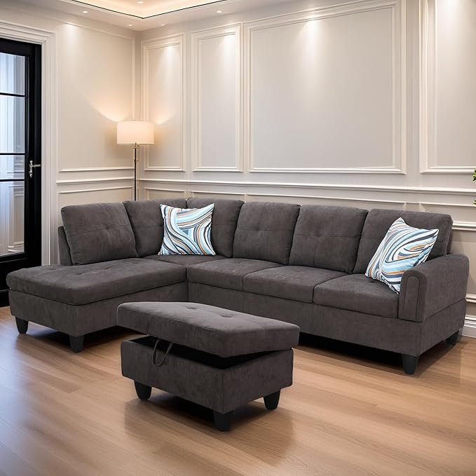 L Shaped Sectional Couches for Living Room, Modern Modular Sectional Sofa with Ottoman Storage, Comfy L Shaped Couch with Chaise for Bedroom Apartment Furniture, Coffee