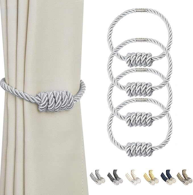 BEL AVENIR Magnetic Curtain Tiebacks, Decorative Drapery Holdbacks Modern Woven Tie-Backs with Exquisite Knot (Sliver, 4 Pack)