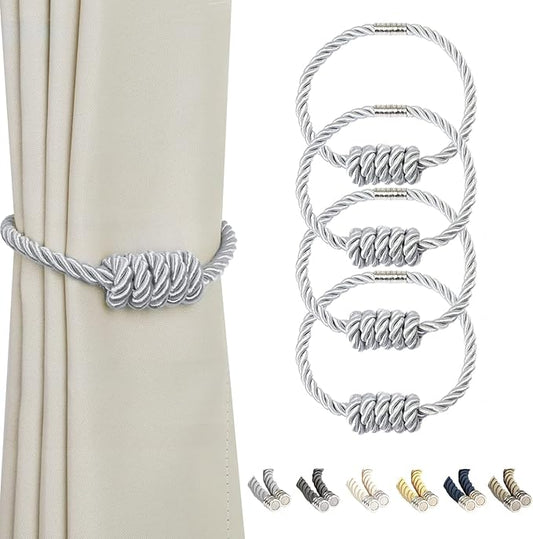 BEL AVENIR Magnetic Curtain Tiebacks, Decorative Drapery Holdbacks Modern Woven Tie-Backs with Exquisite Knot (Sliver, 4 Pack)