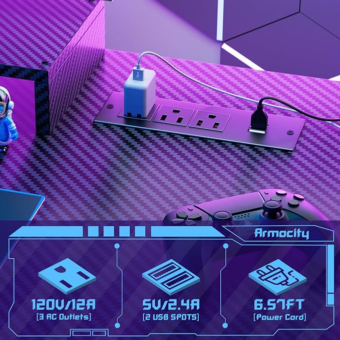 Gaming Computer Desk with Shelves and Outlets, Gaming Desk with Hutch and LED Lights, Reversible PC Gaming Desks with Pegboard, Carbon Fiber Black 47''