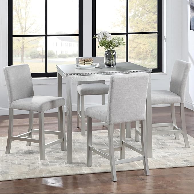 KEIKI 5-Piece Counter Height Dining Table Set with Square Table and 4 Upholstered Chair, for 4 Person, Classic Crystal Decoration Wooden Table Set, Easy Assembly, for Kitchen, Dining Room, Silver Grey