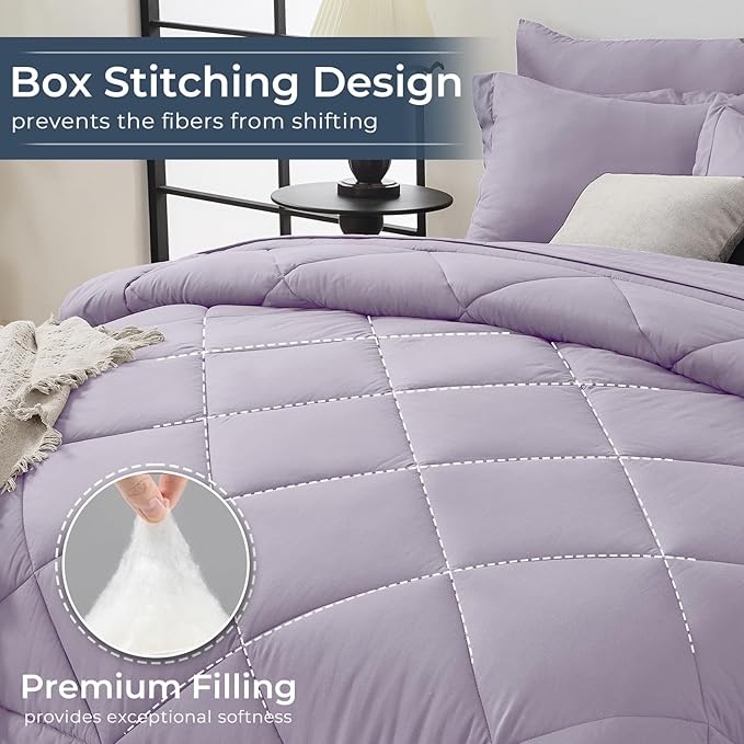 HEVUMYI Purple Twin-XL Comforter Set - 5-Piece All Season Bed in a Bag Twin-XL, Ultra Soft Bedding Set with Comforter, Flat Sheet, Fitted Sheet, Pillowcases, Pillow Shams, Lavender Purple